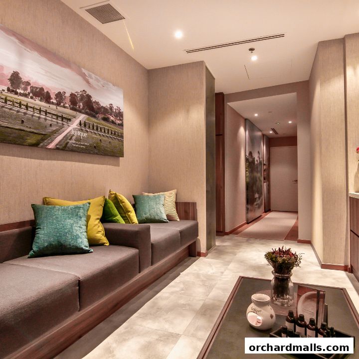 A serene waiting area with a comfortable sofa, decorative pillows, and aromatherapy essentials.