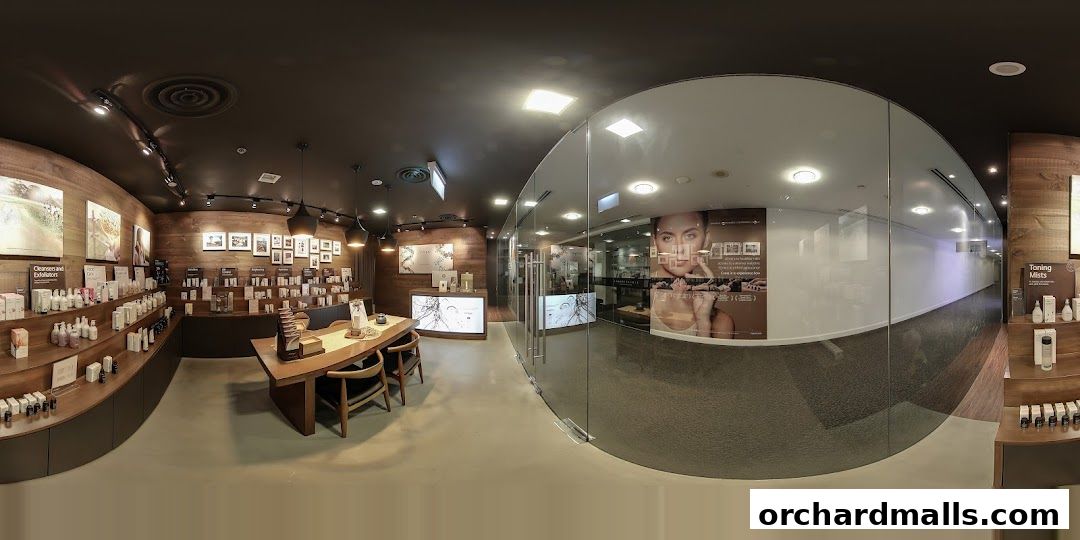 Interior view of a modern spa and skincare shop with product displays and a reception area.