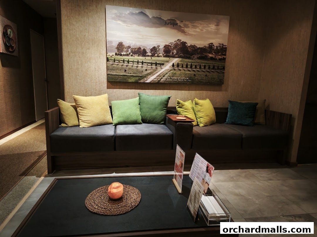 A waiting area with a sofa, cushions, and a coffee table with decorative items.