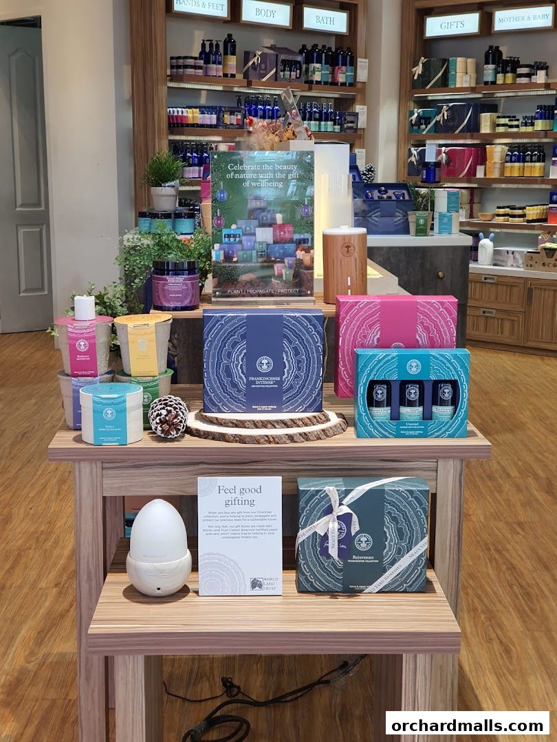 A display of natural wellness products and gift sets from Neal's Yard Remedies.