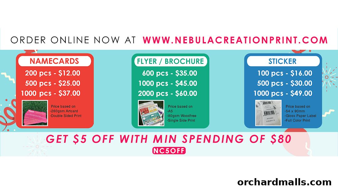 Nebula Creation Print offers namecards, flyers, brochures, and stickers with pricing and discounts.
