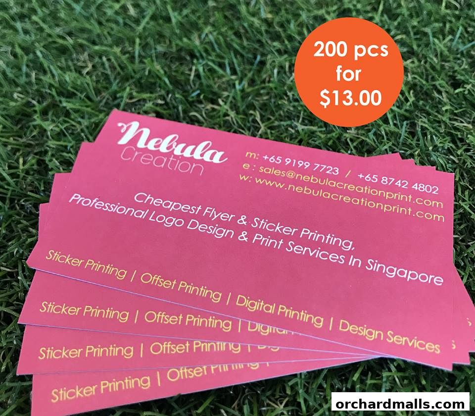 Business cards for Nebula Creation offering printing and design services, with a special offer.