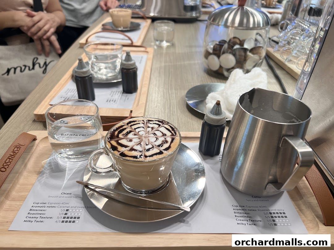 A Nespresso tasting experience with coffee, water, and tasting notes displayed.