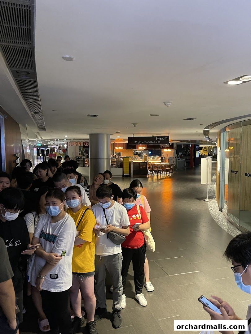 A long queue of people wearing masks in a shopping mall corridor.