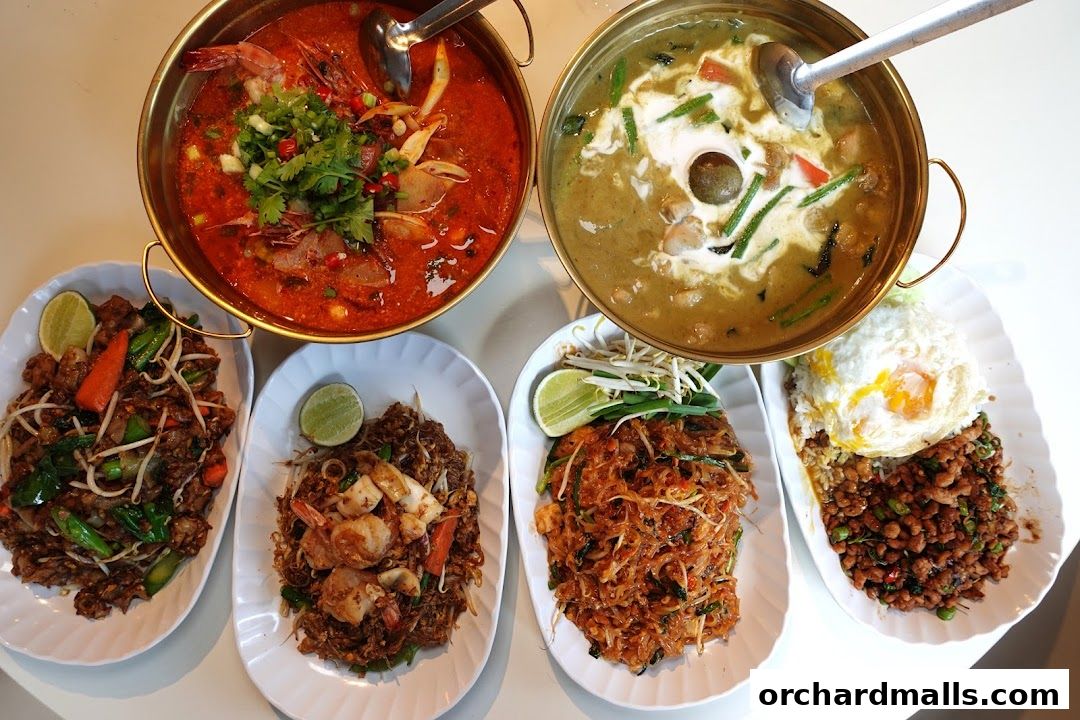 A spread of delicious Thai dishes including Tom Yum soup, green curry, and various noodle and rice plates.
