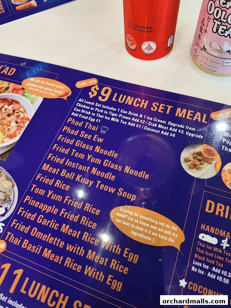 A close-up of a Thai food menu featuring lunch specials and drinks.
