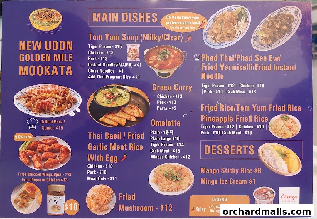A menu for New Udon Golden Mile Mookata Thai Food, featuring main dishes and desserts.