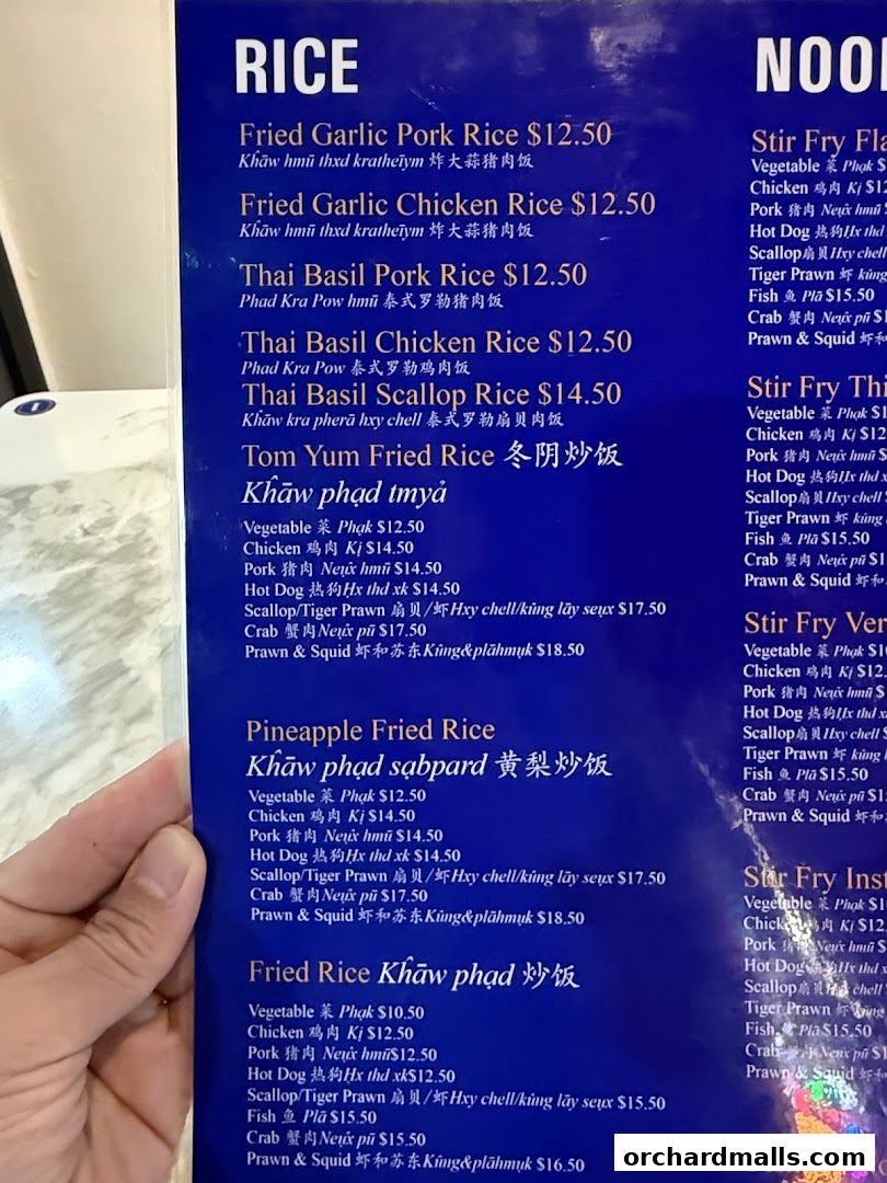 A menu from New Udon Mookata Thai Food featuring rice and noodle dishes.