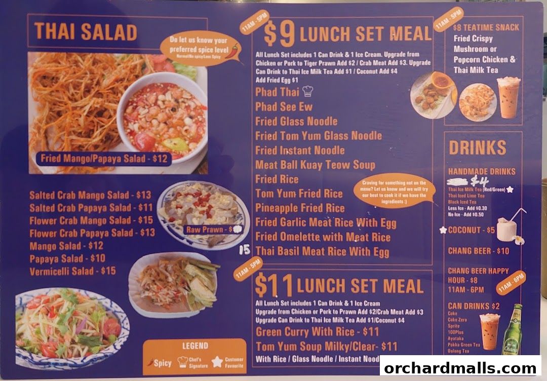 A menu board for New Udon Mookata Thai Food, featuring salads, lunch sets, and drinks.