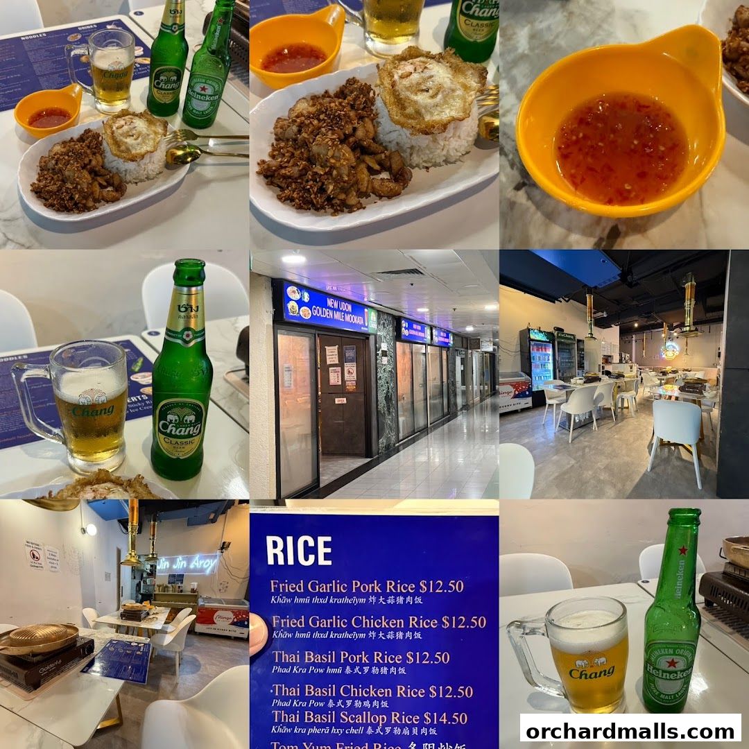 Collage of Thai food, drinks, and restaurant interior shots.