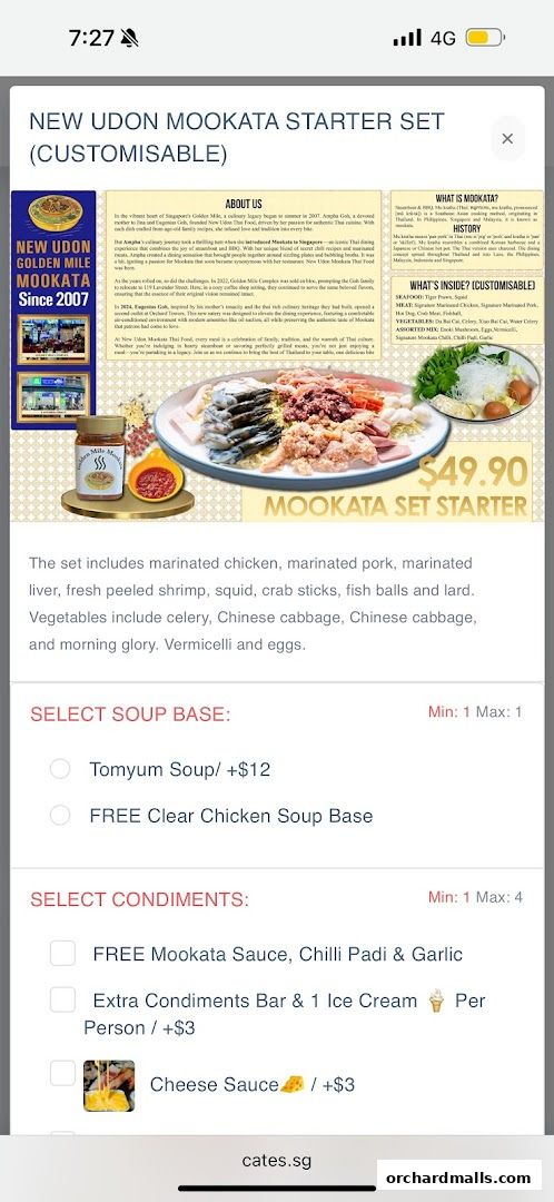 A customizable Mookata starter set with various meats, seafood, vegetables, and soup bases.