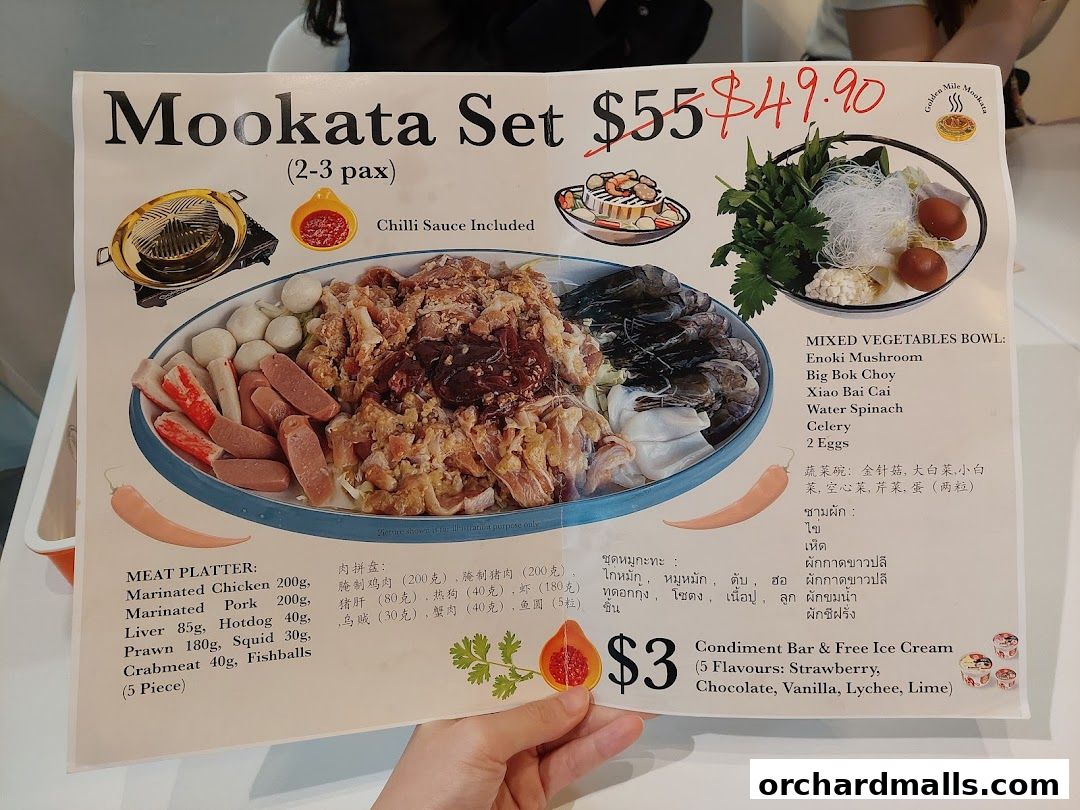 A menu for a Mookata Set for 2-3 people, featuring meat and vegetables.