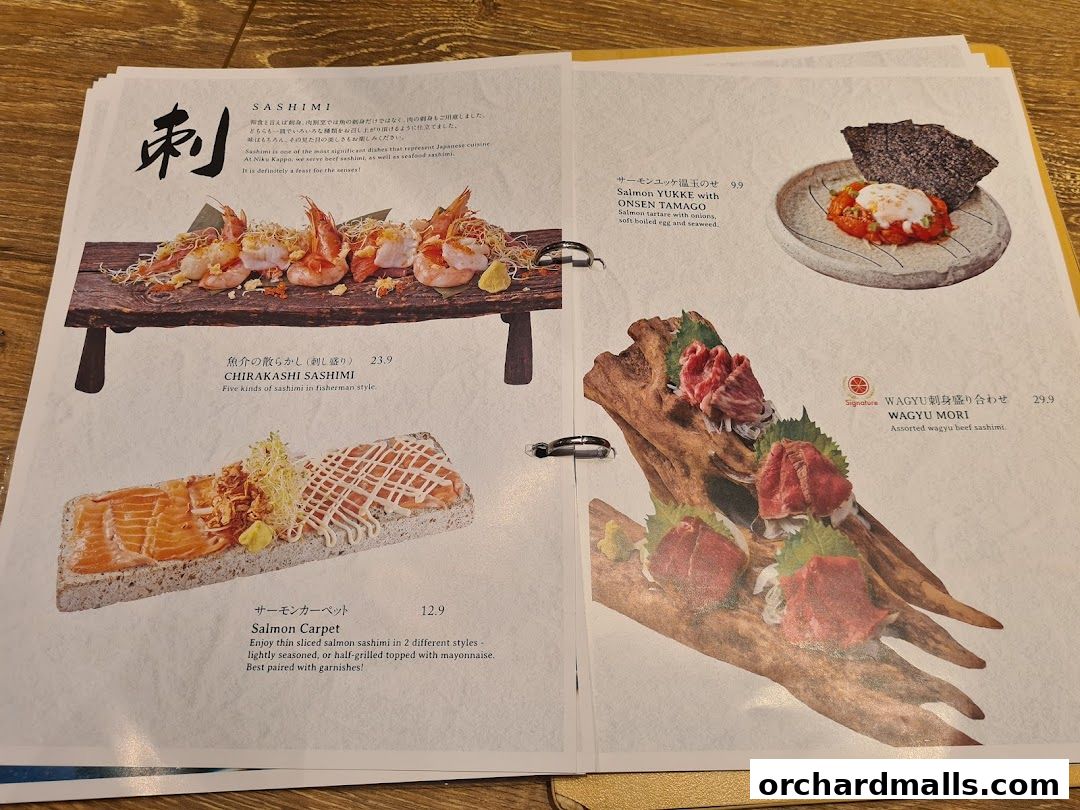 A menu page from Niku Kappo featuring sashimi dishes with vibrant food photography.