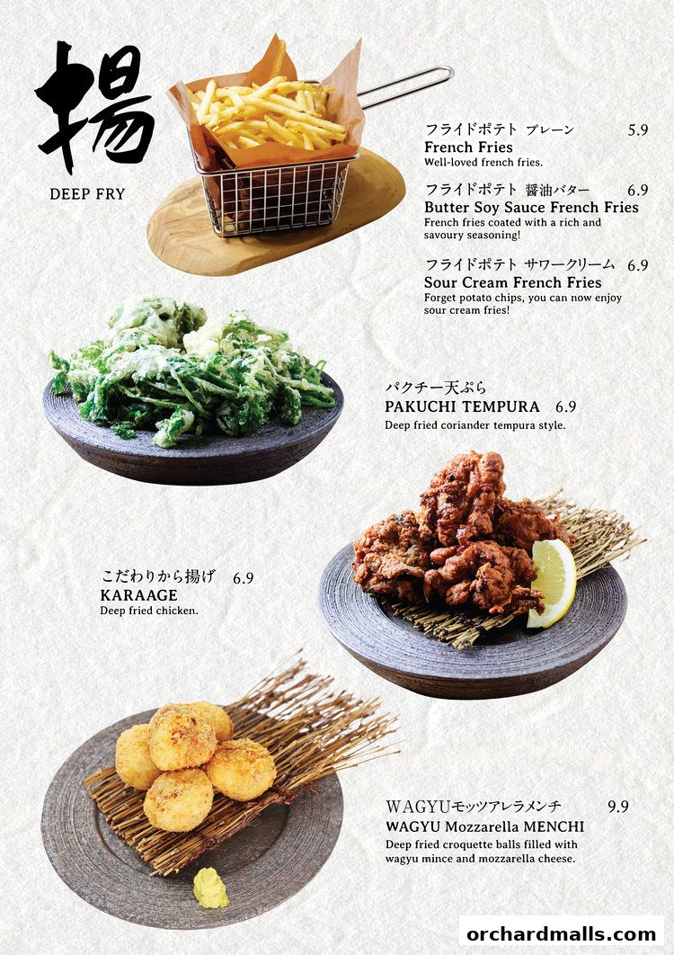 A menu showcasing various deep-fried Japanese dishes with prices.