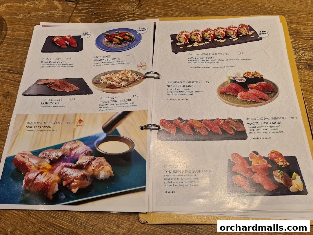 A menu featuring various sushi and beef dishes, with detailed descriptions and prices.