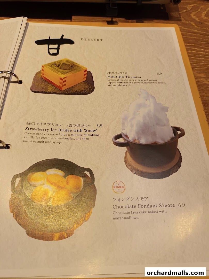 A menu page showcasing three dessert items with accompanying images and descriptions.