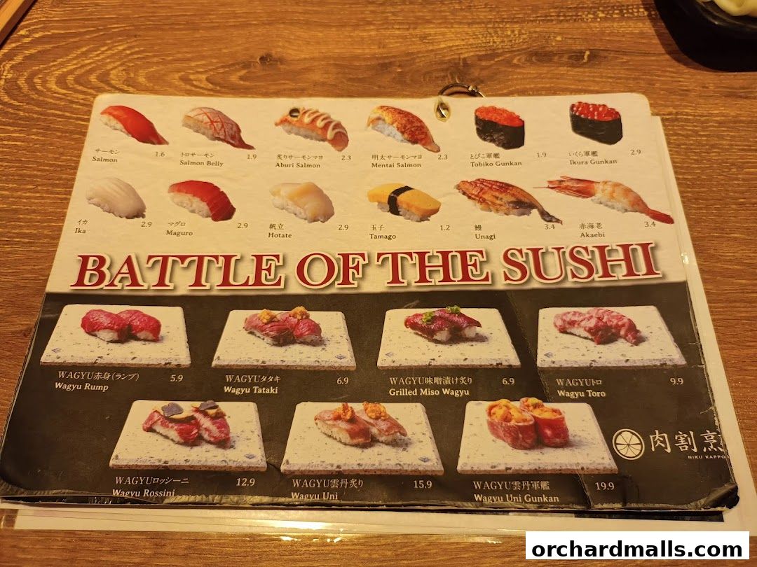 A menu featuring various types of sushi, including salmon, tuna, and wagyu beef.