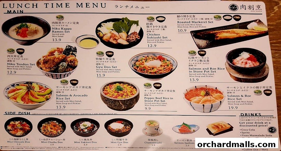 A lunch menu from Niku Kappo featuring various Japanese rice bowls, sets, and side dishes.