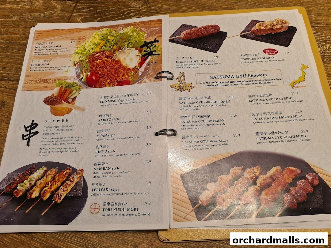 A menu featuring various Japanese skewers, salads, and dips with appealing food photography.