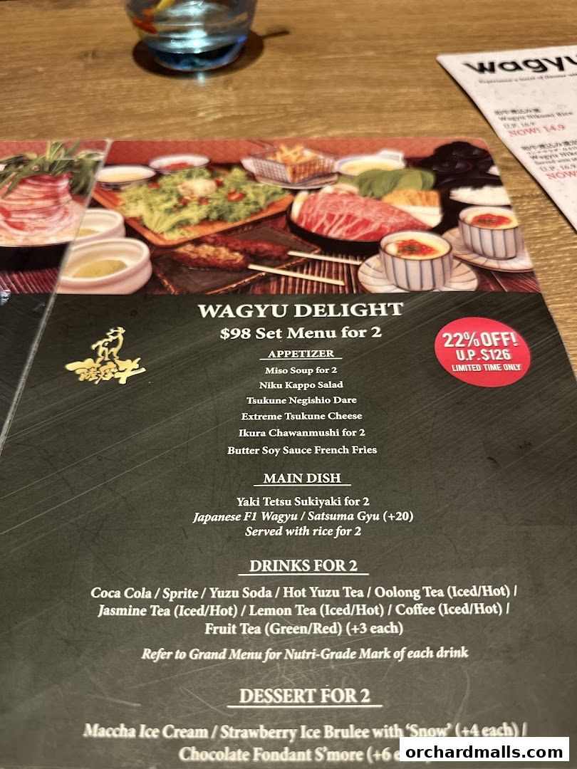 A menu for Wagyu Delight, featuring a set menu for two with appetizers, main dishes, drinks, and desserts.