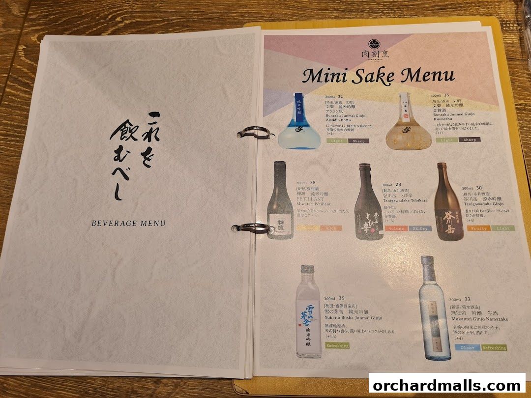 A menu featuring various types of sake with descriptions and prices.