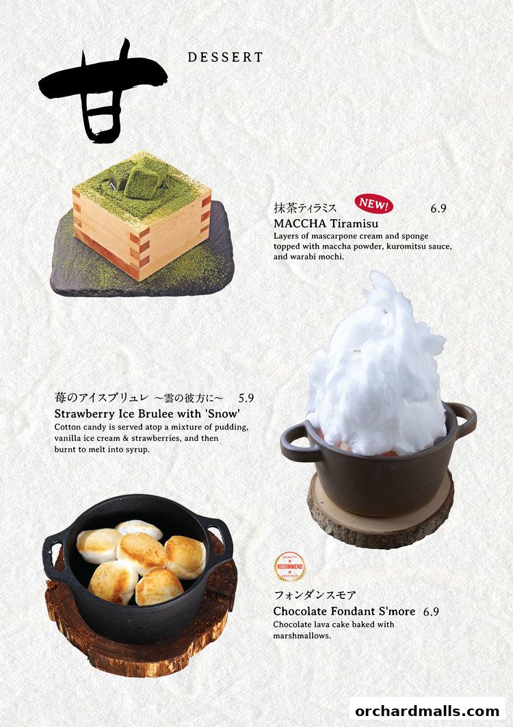 A menu page showcasing three distinct Japanese-inspired desserts with detailed descriptions and prices.
