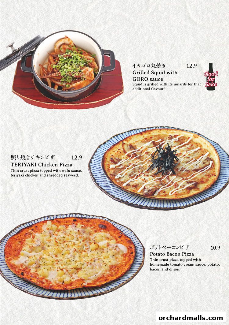 A menu featuring grilled squid and two types of thin-crust pizzas.