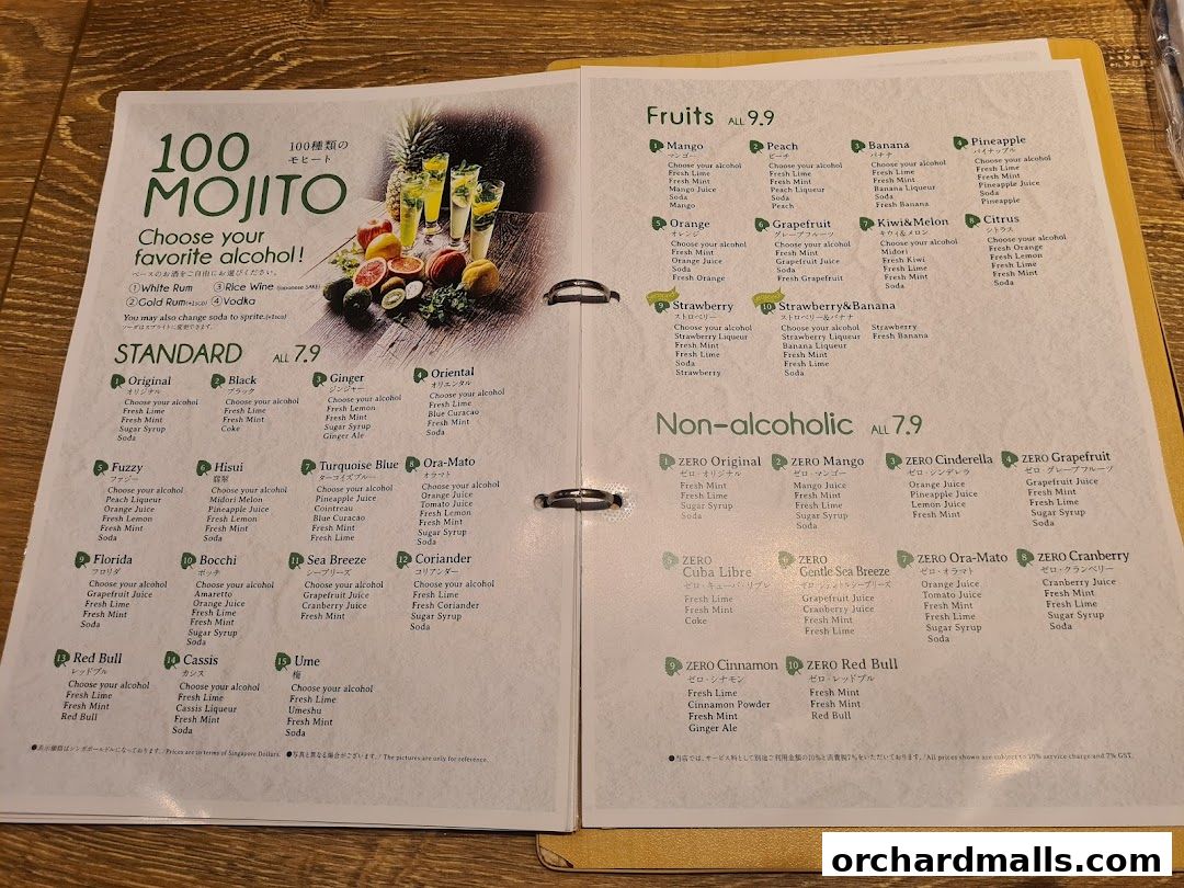 A menu showcasing 100 Mojito variations with fruit and non-alcoholic options.