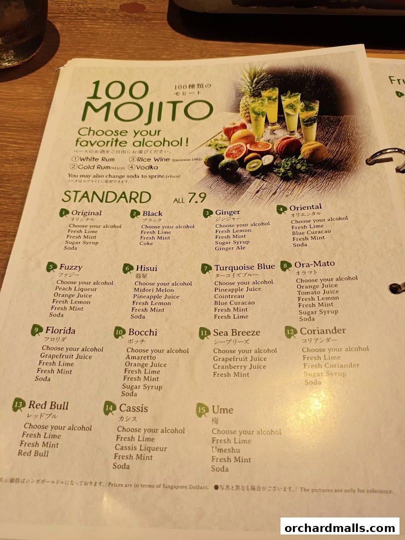 A menu showcasing 100 types of mojitos with various alcohol bases and flavor options.