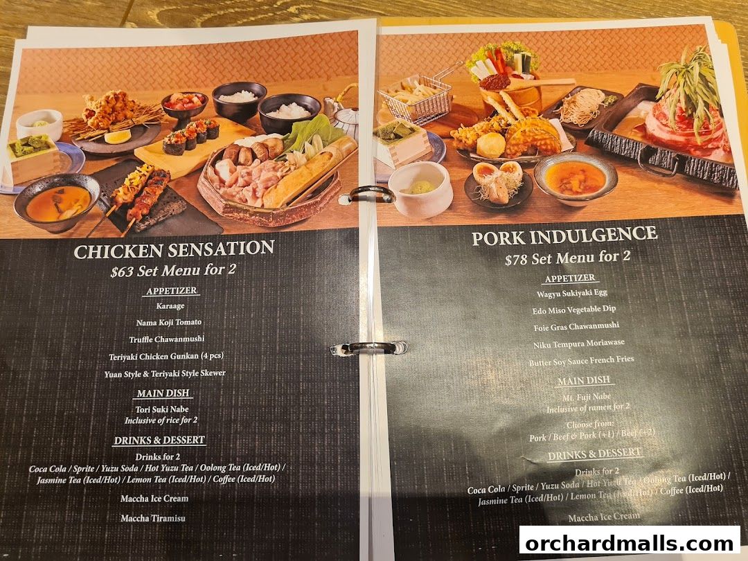 A menu showcasing two set meals: Chicken Sensation and Pork Indulgence.