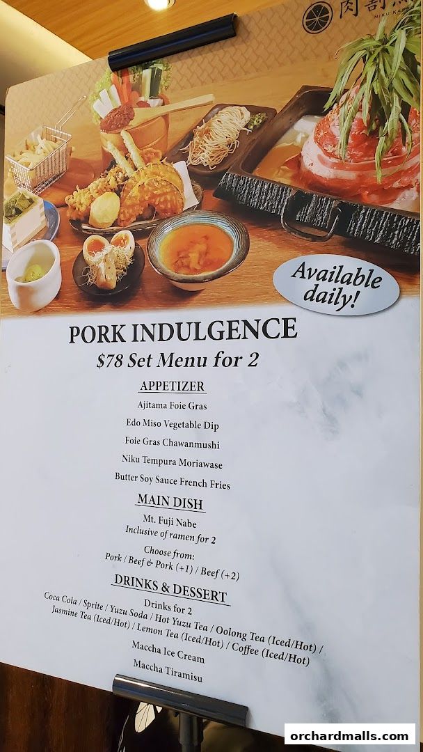 A menu for Niku Kappo's 'Pork Indulgence' set for two, featuring appetizers, main dishes, and drinks.