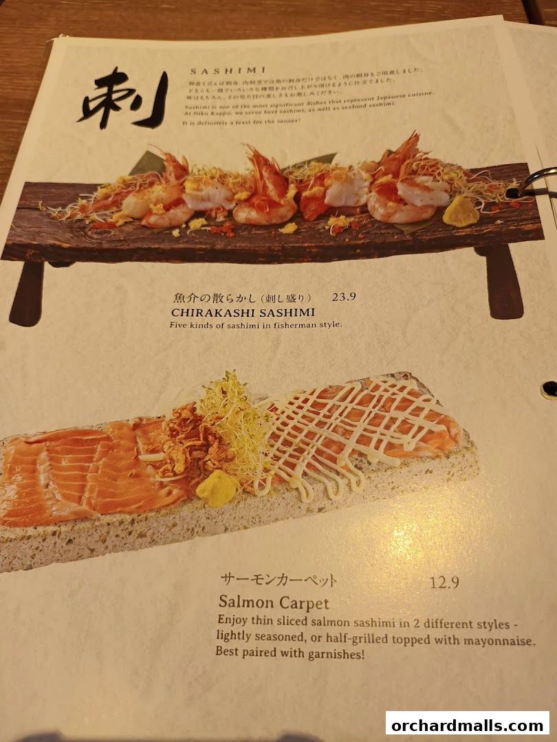 A menu page from Niku Kappo featuring sashimi dishes, including Chirakashi Sashimi and Salmon Carpet.