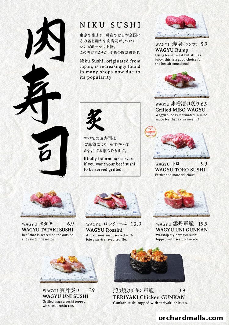 A menu showcasing various types of Wagyu sushi, including Rump, Toro, Tataki, Rossini, and Uni Gunkan.