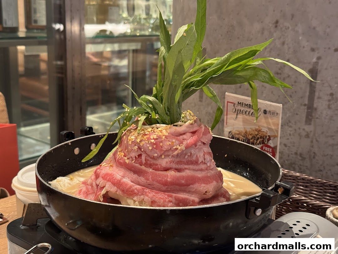 A steaming hot pot dish with thinly sliced beef and fresh green vegetables.