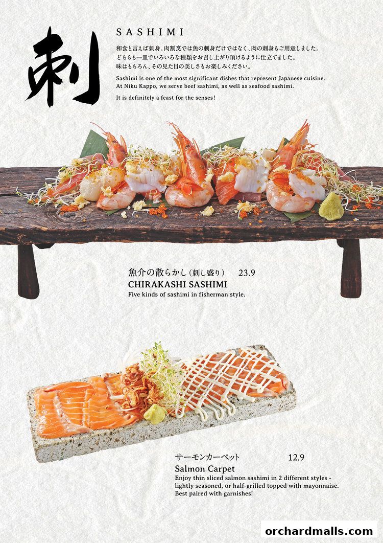 A menu page showcasing sashimi dishes with vibrant images and descriptions.