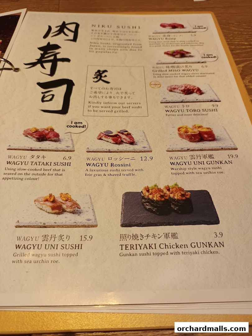 A menu page showcasing various types of Wagyu beef sushi and other sushi dishes.