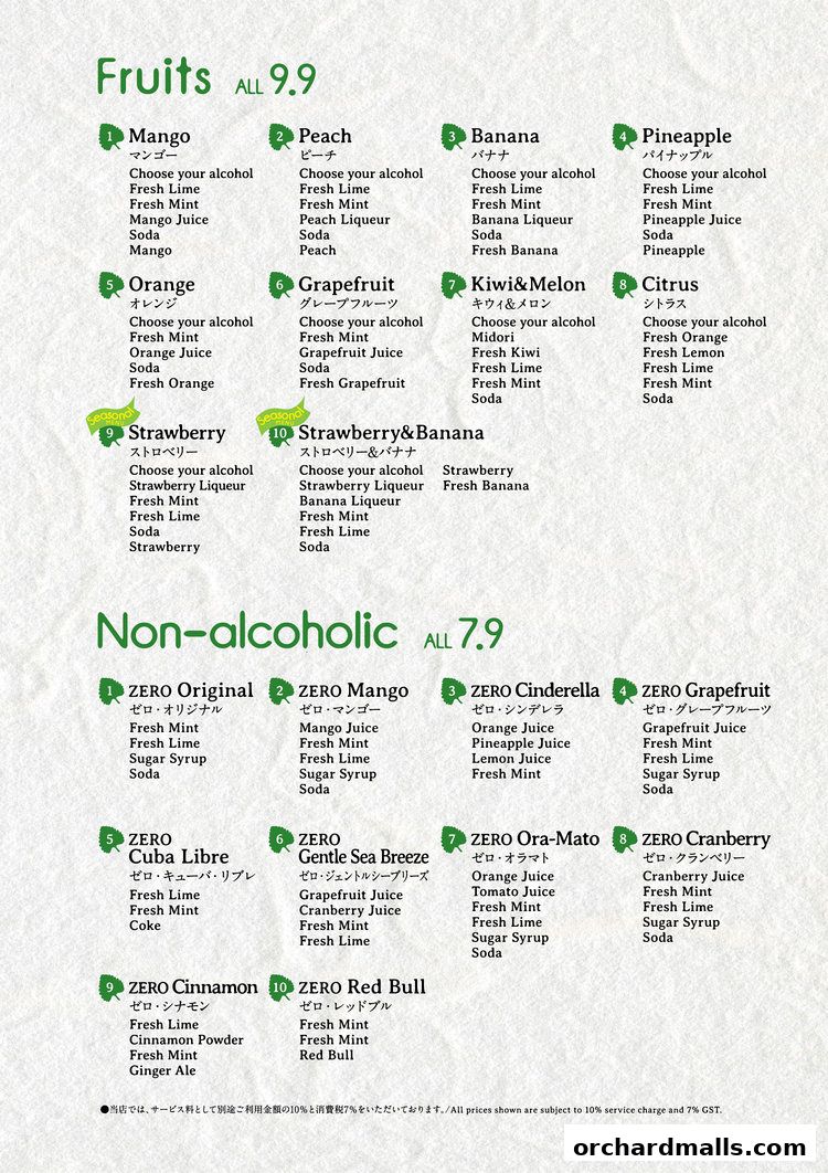 A menu displaying a variety of fruit-based drinks, both alcoholic and non-alcoholic.