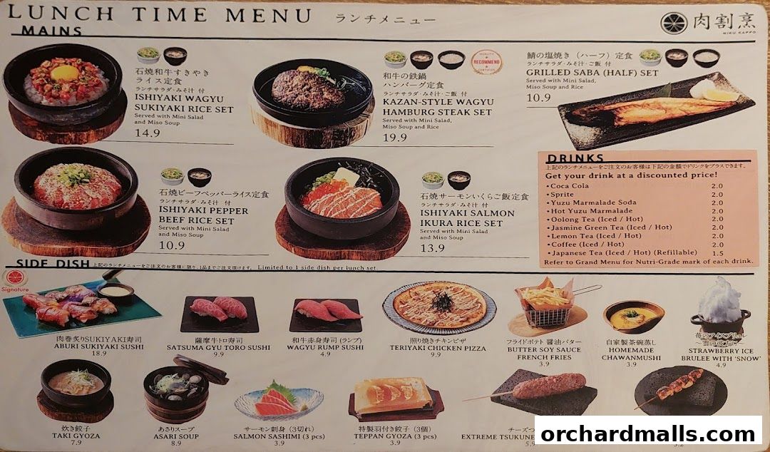 A lunch menu from Niku Kappo featuring various Japanese dishes and drinks.