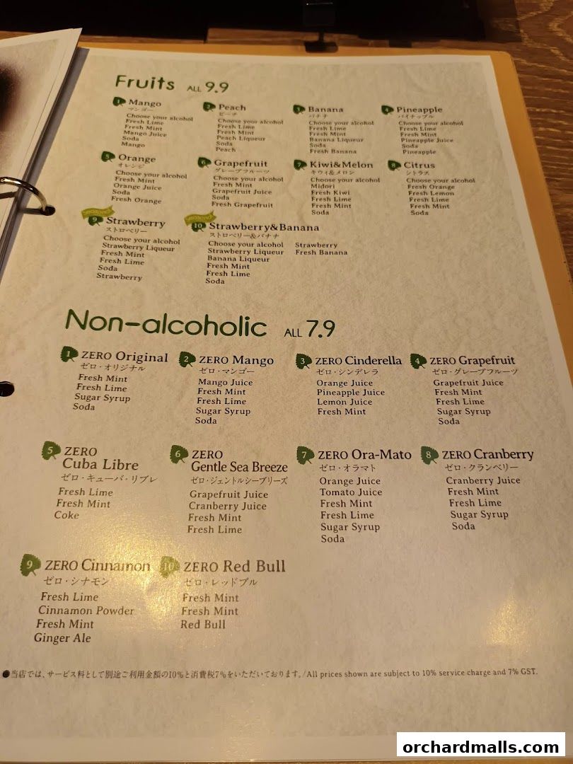 A menu page displaying fruit-flavored drinks and non-alcoholic options with prices.