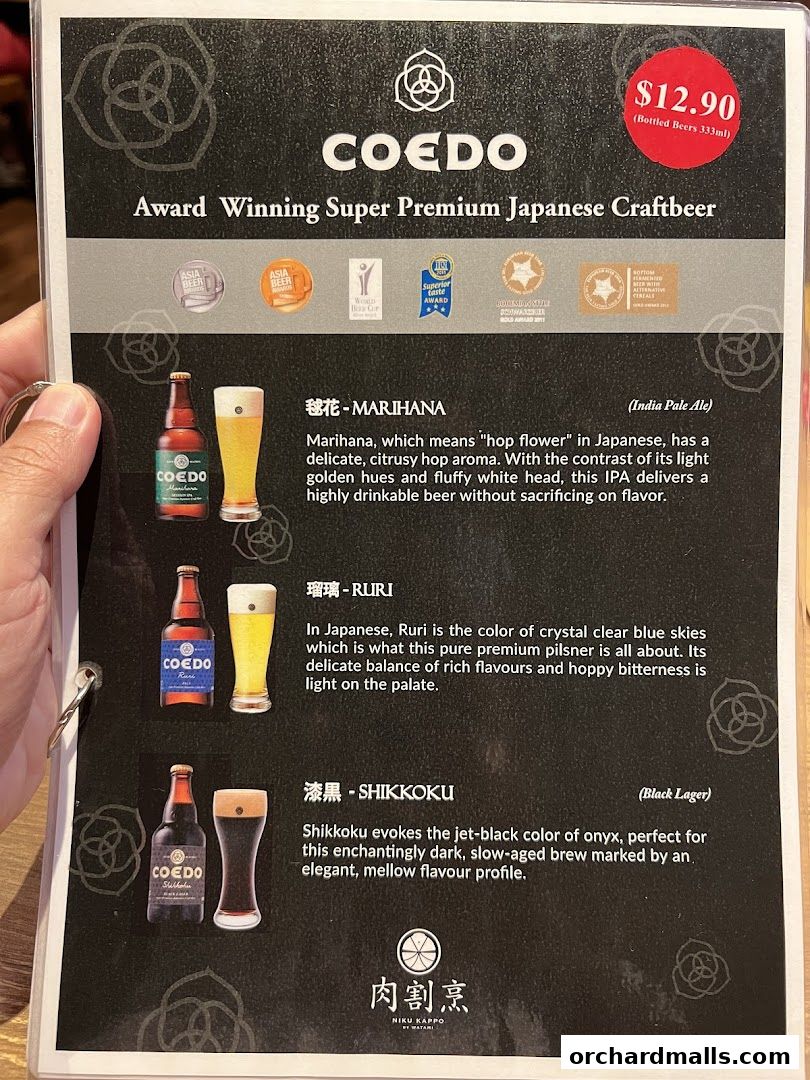 A menu showcasing three types of award-winning Japanese craft beer from COEDO.
