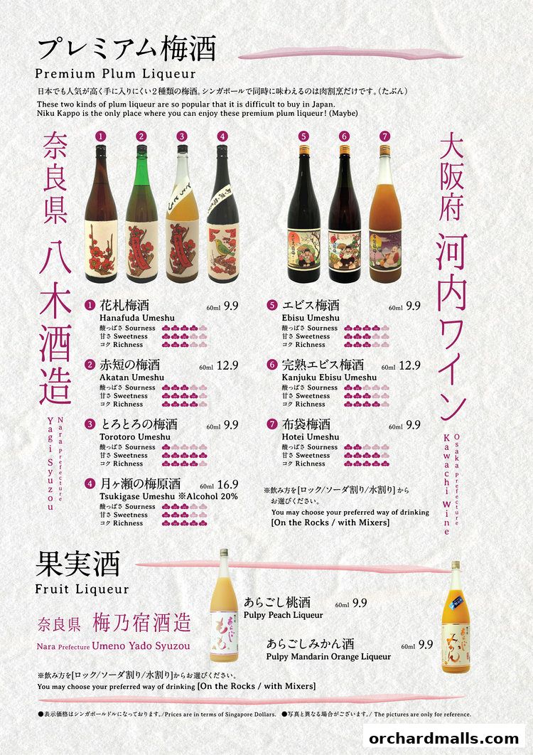 A menu showcasing premium plum liqueurs and fruit liqueurs with detailed descriptions and prices.