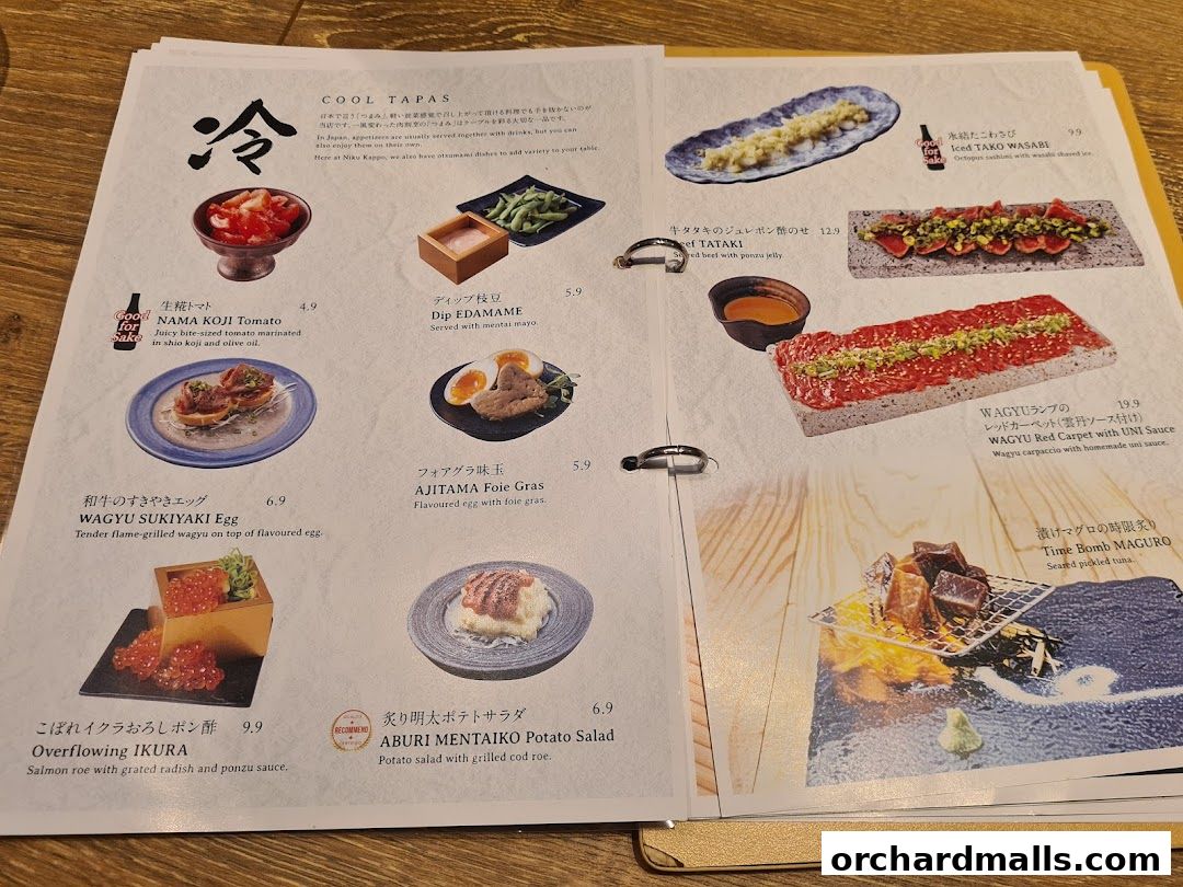 A menu page from Niku Kappo featuring various Japanese tapas dishes with enticing descriptions and prices.
