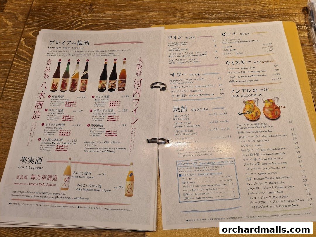 A menu featuring premium plum liqueurs, shochu, sake, whiskey, beer, wine, and non-alcoholic drinks.