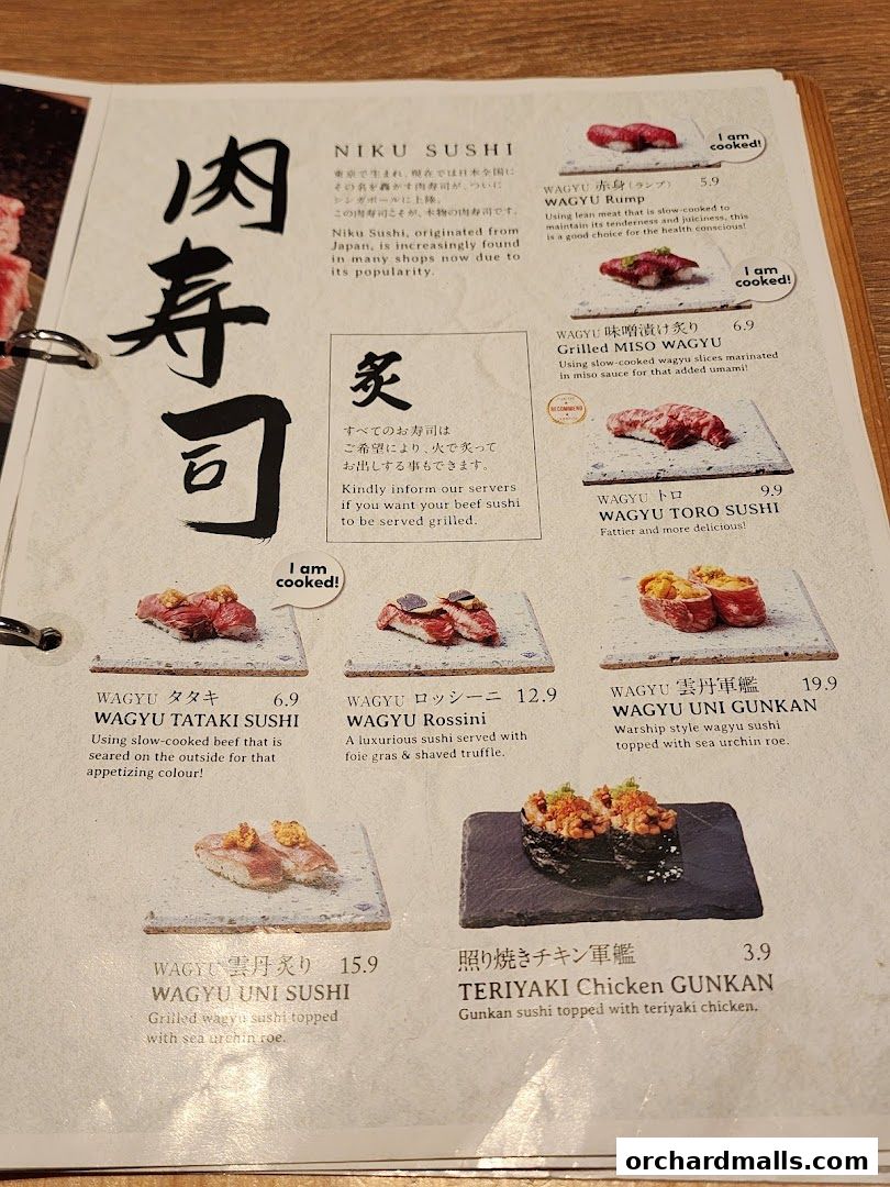 A menu from Niku Sushi featuring various wagyu beef sushi dishes with descriptions and prices.