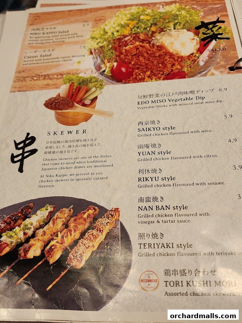 A menu page featuring salads, vegetable dips, and various chicken skewers with descriptions and prices.