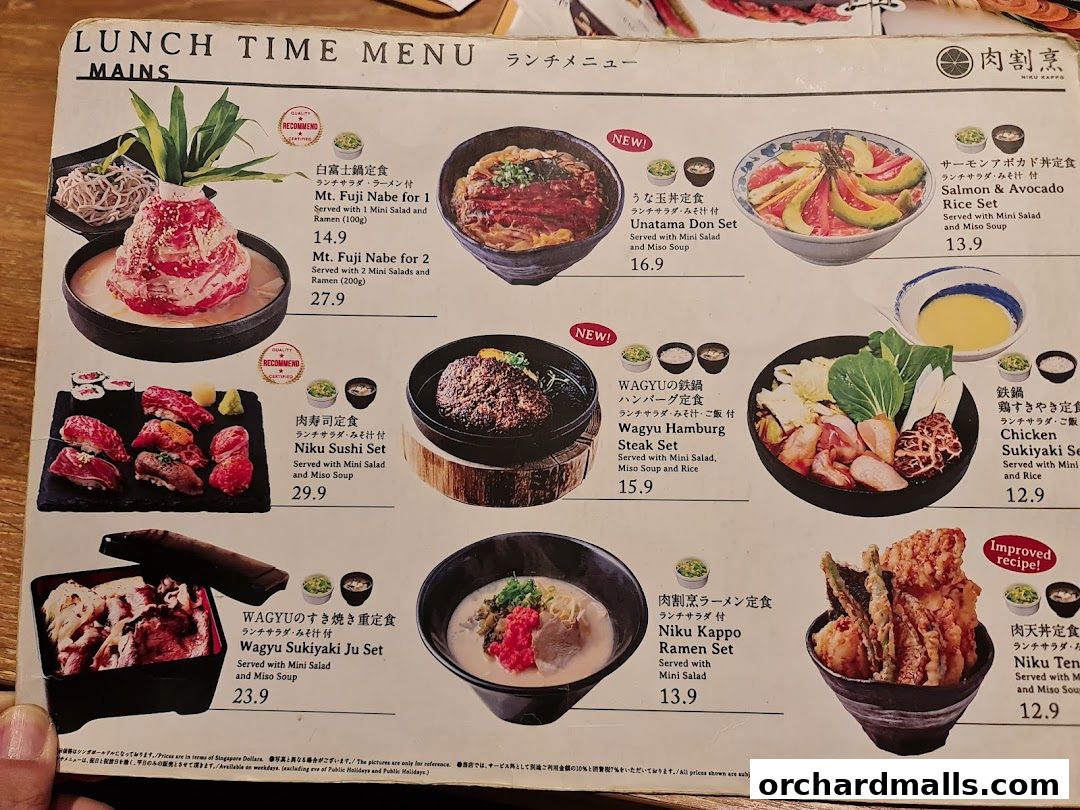 A menu from Niku Kappo featuring various Japanese lunch sets with meat and rice dishes.