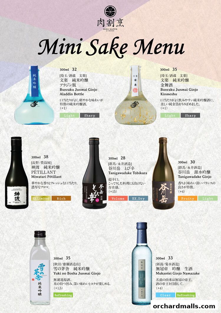 A menu showcasing various bottles of Japanese sake with descriptions and tasting notes.