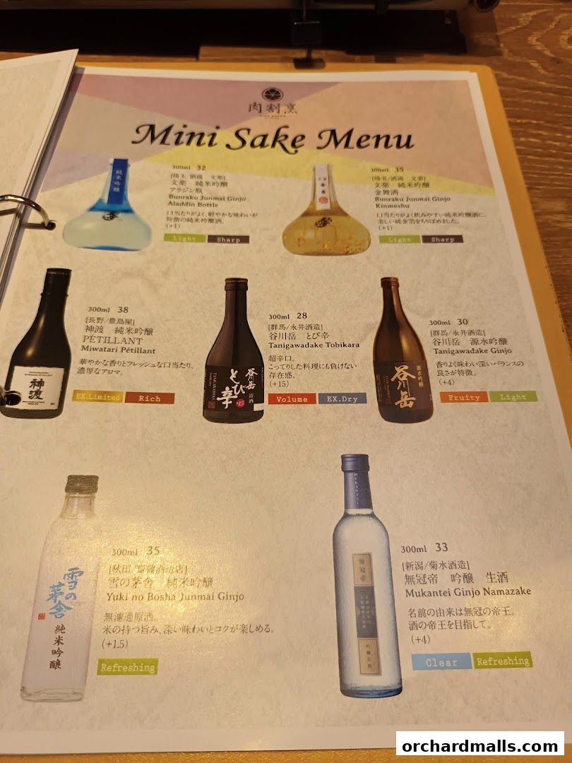 A menu showcasing various types of sake with bottle images and descriptions.
