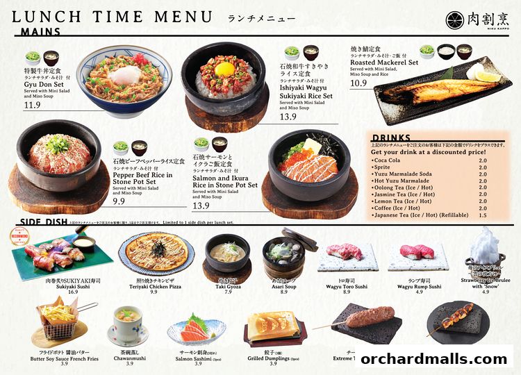 A lunch menu from Niku Kappo featuring mains, side dishes, and drinks with prices.