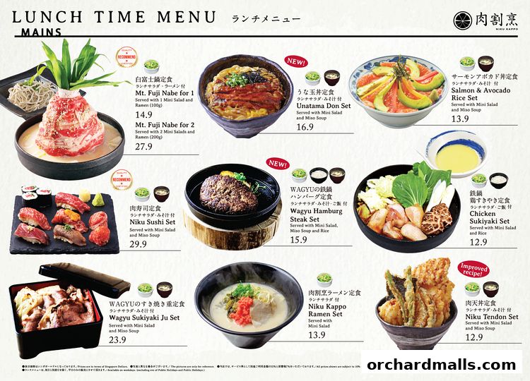 A lunch menu from Niku Kappo featuring various Japanese main dishes with prices.